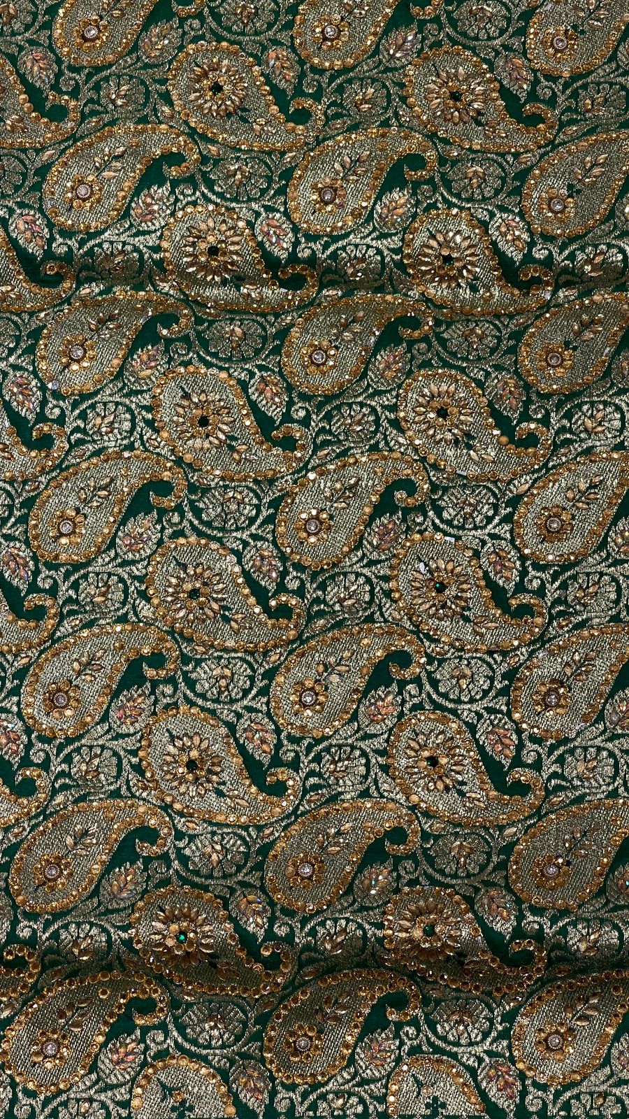 Faishana Presents Pink Stone Work Golden Zari Floral Booti with Contrast Green Paisley Pallu Zari Border and Green Blouse Banarasi Saree