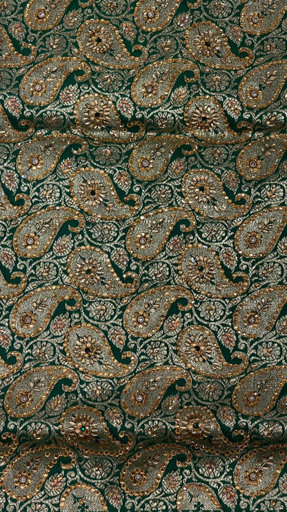 Faishana Presents Pink Stone Work Golden Zari Floral Booti with Contrast Green Paisley Pallu Zari Border and Green Blouse Banarasi Saree