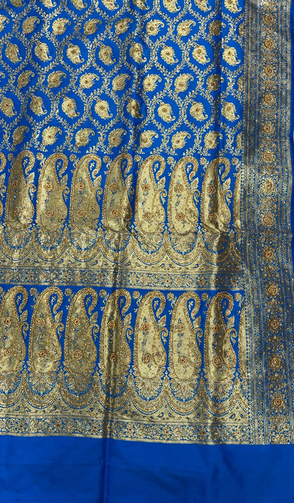 Faishana Presents Turqouise Blue Stone Work Golden Zari Booti Jaal with Paisely Boota Pallu Zari Border Banarasi Saree