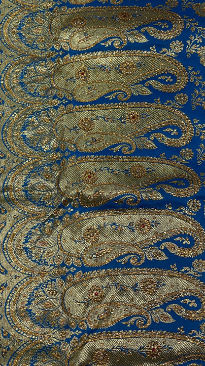 Faishana Presents Turqouise Blue Stone Work Golden Zari Booti Jaal with Paisely Boota Pallu Zari Border Banarasi Saree