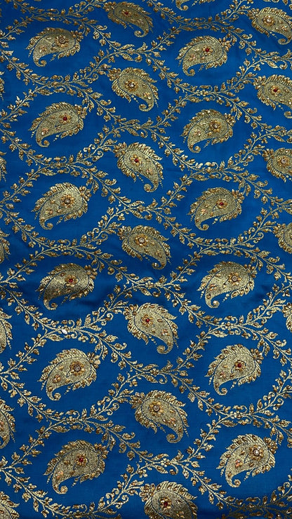 Faishana Presents Turqouise Blue Stone Work Golden Zari Booti Jaal with Paisely Boota Pallu Zari Border Banarasi Saree