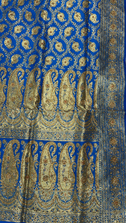 Faishana Presents Turqouise Blue Stone Work Golden Zari Booti Jaal with Paisely Boota Pallu Zari Border Banarasi Saree
