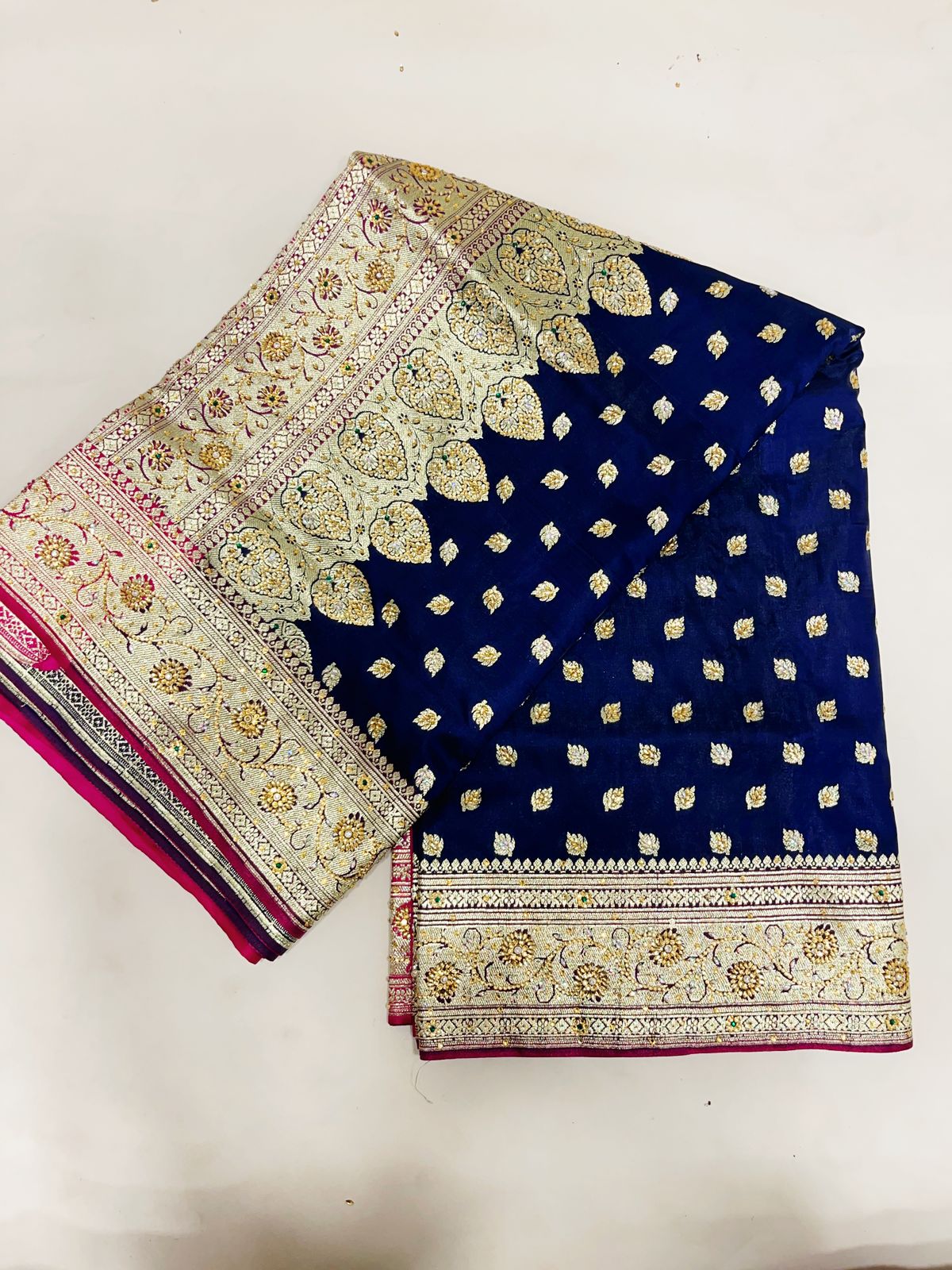 Faishana Presents Navy Blue Stone Work Golden Zari Chunri Booti with Contrast Magenta Alfi Boota Pallu Zari Border With Magenta Blouse Banarasi Saree