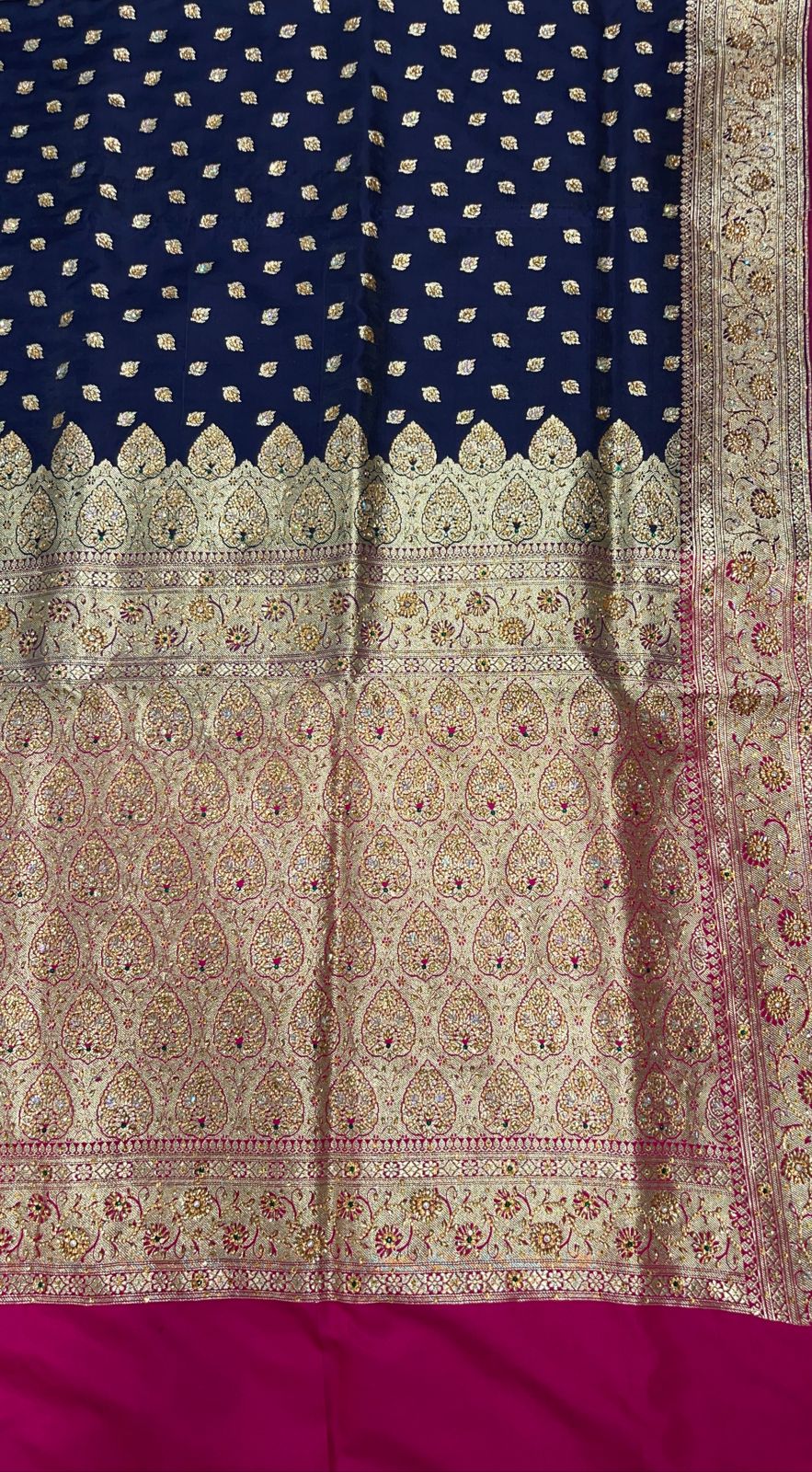 Faishana Presents Navy Blue Stone Work Golden Zari Chunri Booti with Contrast Magenta Alfi Boota Pallu Zari Border With Magenta Blouse Banarasi Saree