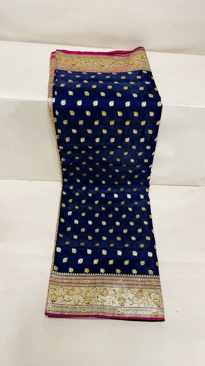 Faishana Presents Navy Blue Stone Work Golden Zari Chunri Booti with Contrast Magenta Alfi Boota Pallu Zari Border With Magenta Blouse Banarasi Saree