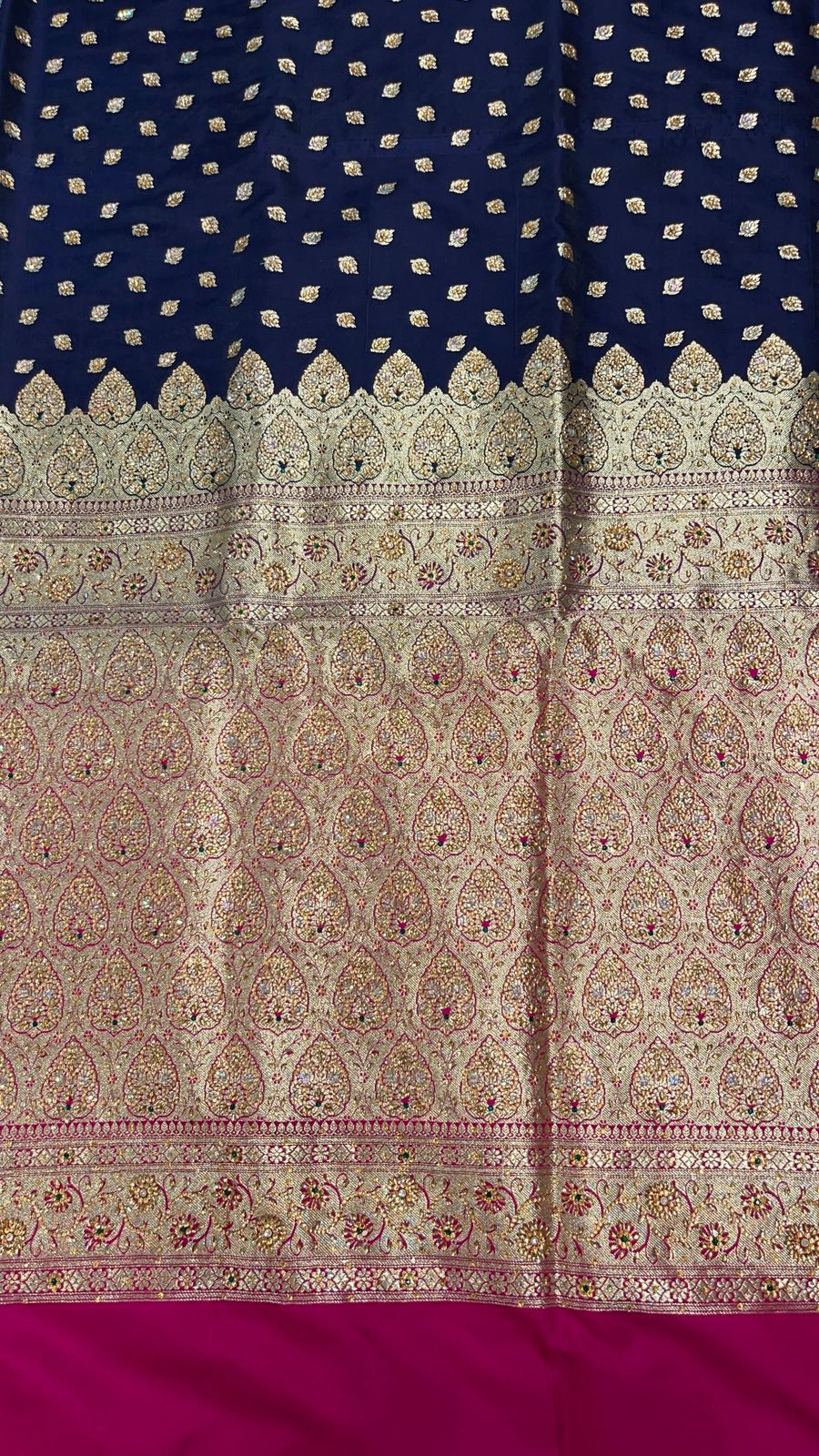 Faishana Presents Navy Blue Stone Work Golden Zari Chunri Booti with Contrast Magenta Alfi Boota Pallu Zari Border With Magenta Blouse Banarasi Saree