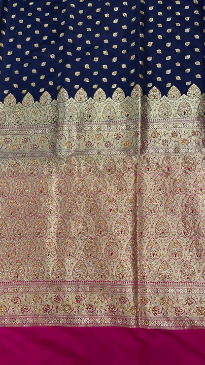 Faishana Presents Navy Blue Stone Work Golden Zari Chunri Booti with Contrast Magenta Alfi Boota Pallu Zari Border With Magenta Blouse Banarasi Saree