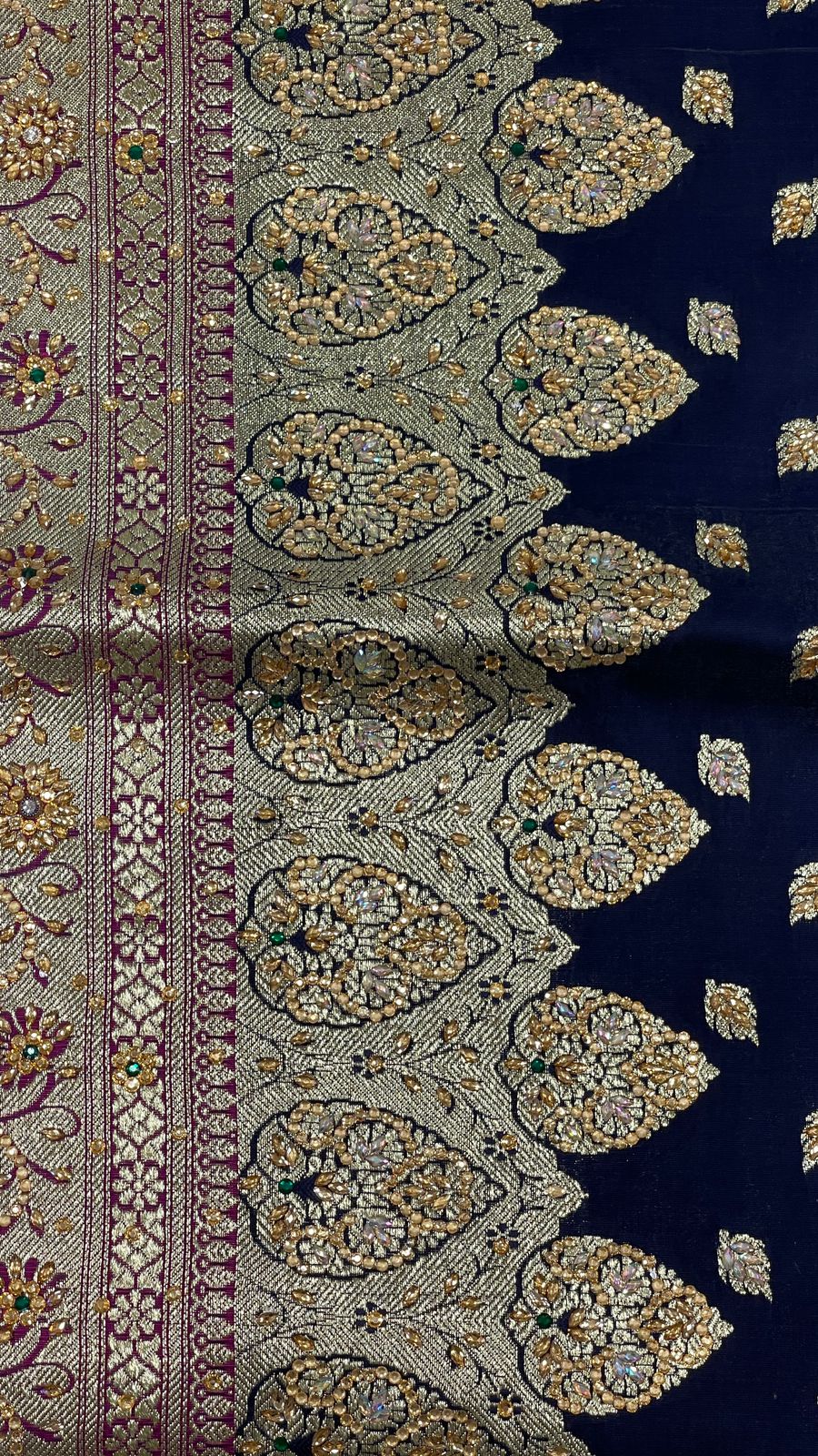 Faishana Presents Navy Blue Stone Work Golden Zari Chunri Booti with Contrast Magenta Alfi Boota Pallu Zari Border With Magenta Blouse Banarasi Saree