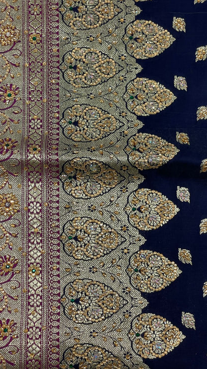 Faishana Presents Navy Blue Stone Work Golden Zari Chunri Booti with Contrast Magenta Alfi Boota Pallu Zari Border With Magenta Blouse Banarasi Saree