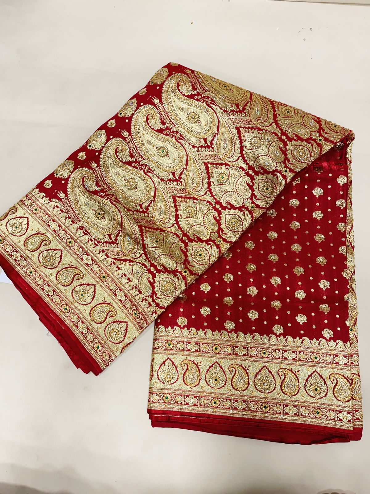 Faishana Presents Maroon Stone Work Golden Zari Half-Half Patli Booti Zari Border with Maroon Blouse Banarasi Saree