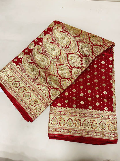 Faishana Presents Maroon Stone Work Golden Zari Half-Half Patli Booti Zari Border with Maroon Blouse Banarasi Saree