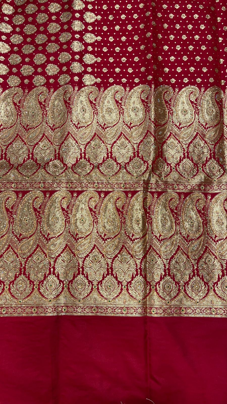 Faishana Presents Maroon Stone Work Golden Zari Half-Half Patli Booti Zari Border with Maroon Blouse Banarasi Saree
