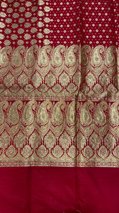 Faishana Presents Maroon Stone Work Golden Zari Half-Half Patli Booti Zari Border with Maroon Blouse Banarasi Saree