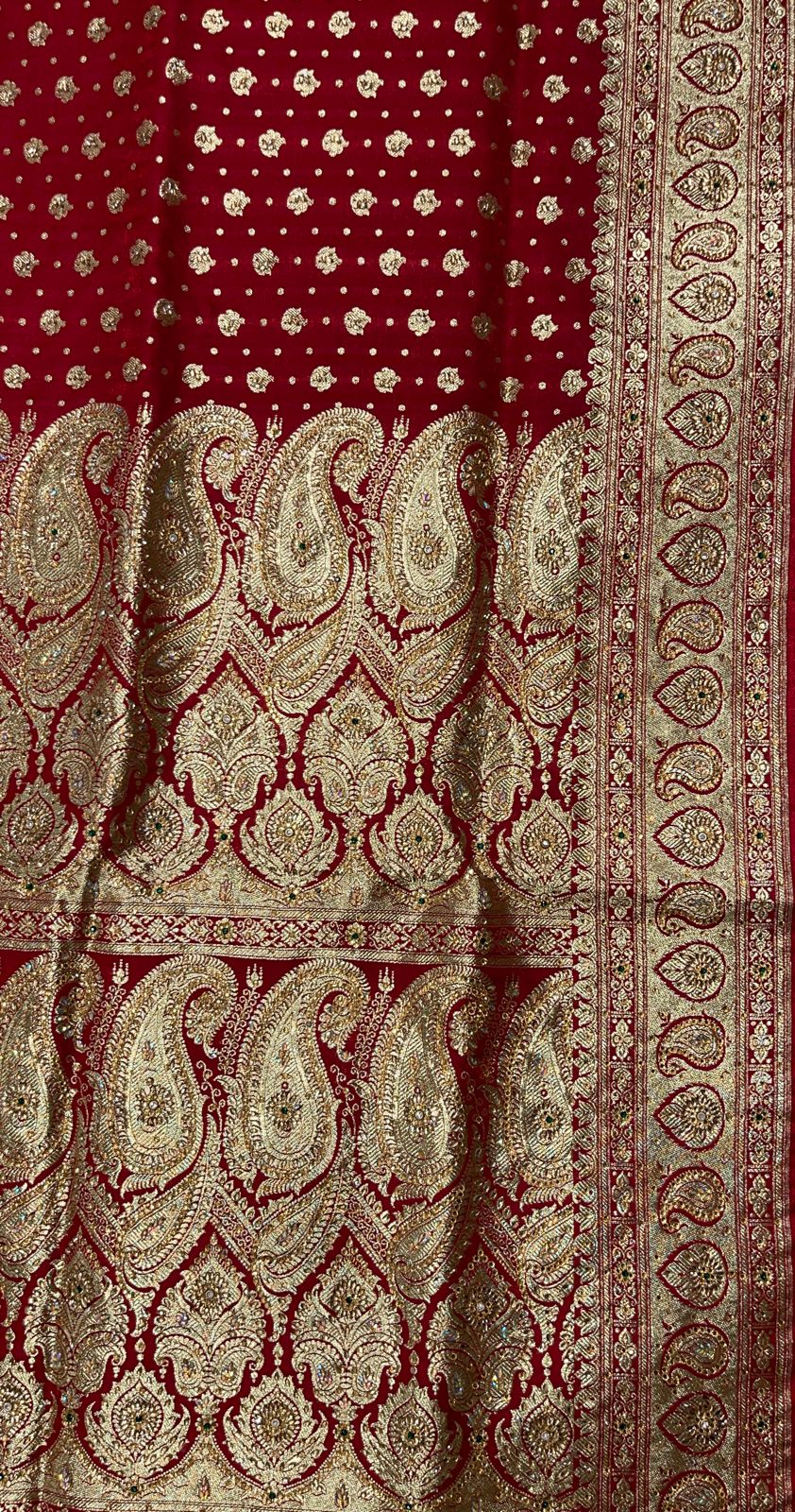 Faishana Presents Maroon Stone Work Golden Zari Half-Half Patli Booti Zari Border with Maroon Blouse Banarasi Saree