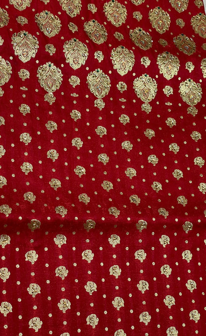 Faishana Presents Maroon Stone Work Golden Zari Half-Half Patli Booti Zari Border with Maroon Blouse Banarasi Saree