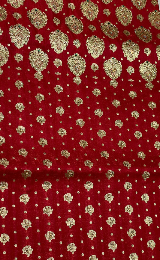 Faishana Presents Maroon Stone Work Golden Zari Half-Half Patli Booti Zari Border with Maroon Blouse Banarasi Saree