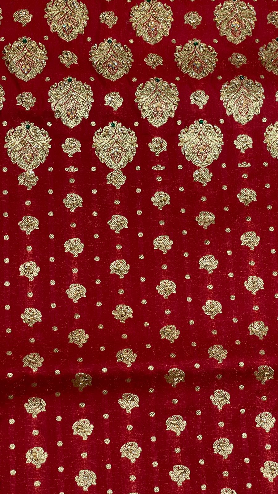 Faishana Presents Maroon Stone Work Golden Zari Half-Half Patli Booti Zari Border with Maroon Blouse Banarasi Saree