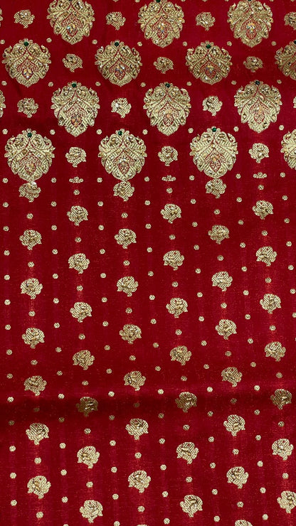 Faishana Presents Maroon Stone Work Golden Zari Half-Half Patli Booti Zari Border with Maroon Blouse Banarasi Saree