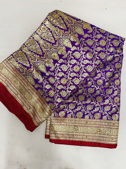 Faishana Presents Purple Stone Work Golden Zari Booti Floral Jaal with Paisely Contrast Red Boota Pallu Zari Border and Red Blouse Banarasi Saree