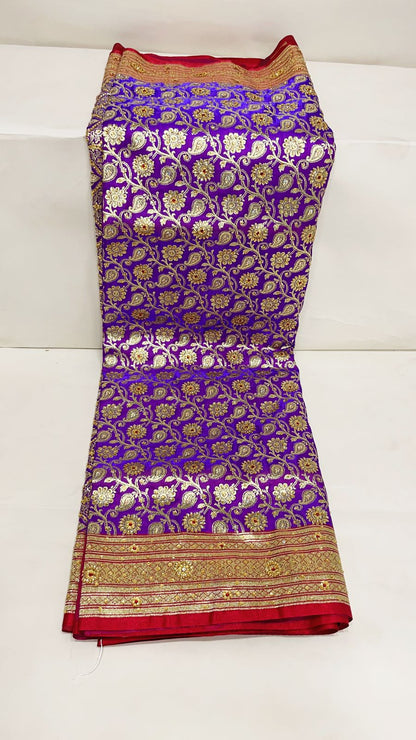 Faishana Presents Purple Stone Work Golden Zari Booti Floral Jaal with Paisely Contrast Red Boota Pallu Zari Border and Red Blouse Banarasi Saree