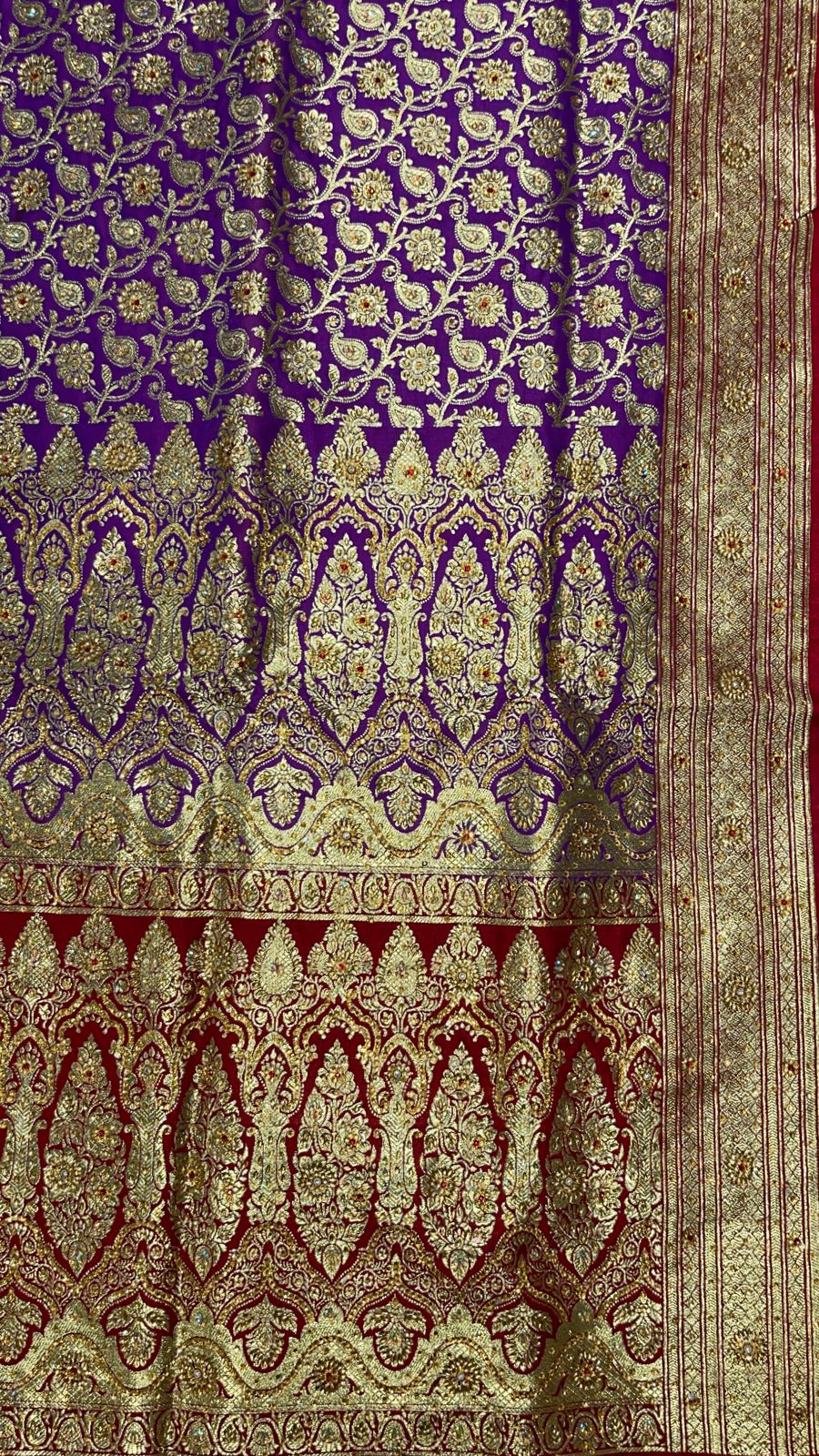 Faishana Presents Purple Stone Work Golden Zari Booti Floral Jaal with Paisely Contrast Red Boota Pallu Zari Border and Red Blouse Banarasi Saree
