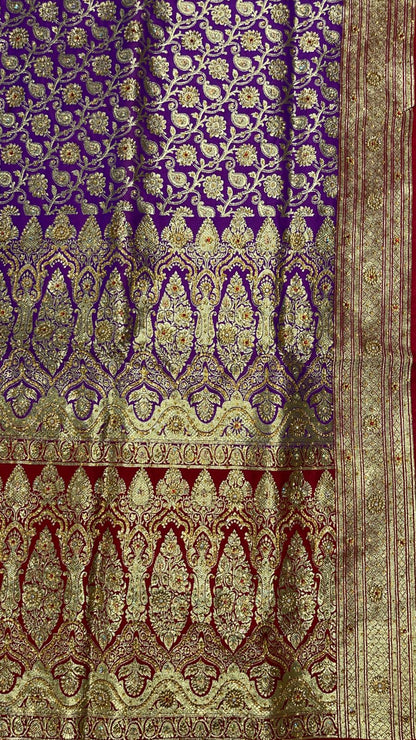 Faishana Presents Purple Stone Work Golden Zari Booti Floral Jaal with Paisely Contrast Red Boota Pallu Zari Border and Red Blouse Banarasi Saree
