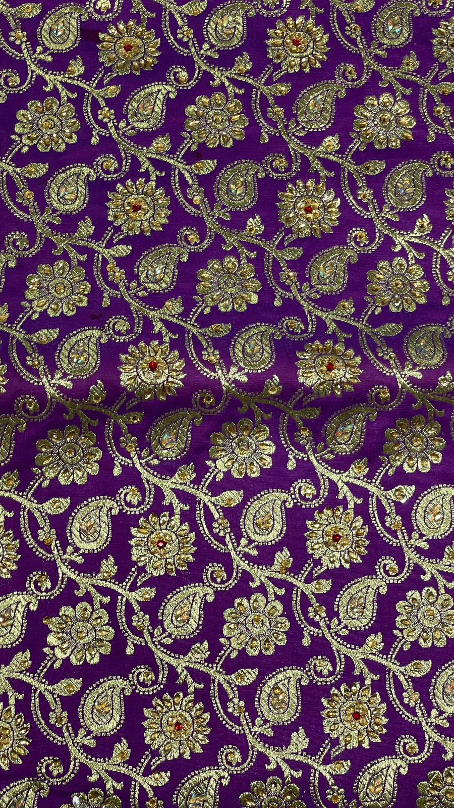 Faishana Presents Purple Stone Work Golden Zari Booti Floral Jaal with Paisely Contrast Red Boota Pallu Zari Border and Red Blouse Banarasi Saree