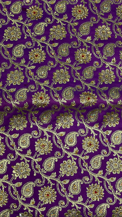 Faishana Presents Purple Stone Work Golden Zari Booti Floral Jaal with Paisely Contrast Red Boota Pallu Zari Border and Red Blouse Banarasi Saree