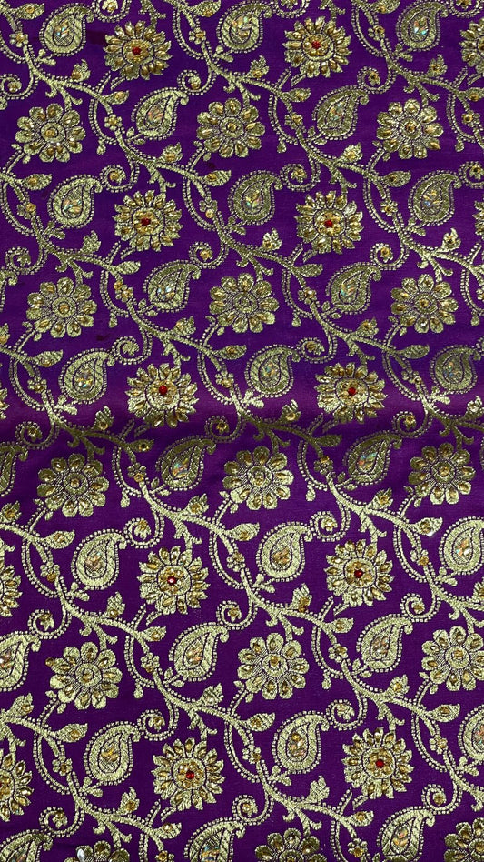 Faishana Presents Purple Stone Work Golden Zari Booti Floral Jaal with Paisely Contrast Red Boota Pallu Zari Border and Red Blouse Banarasi Saree