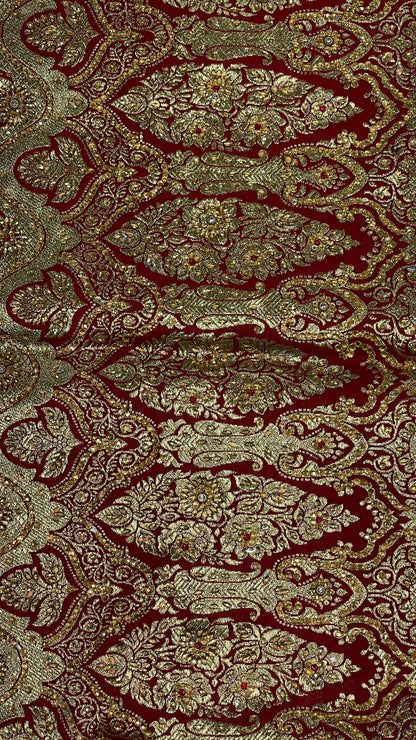 Faishana Presents Purple Stone Work Golden Zari Booti Floral Jaal with Paisely Contrast Red Boota Pallu Zari Border and Red Blouse Banarasi Saree