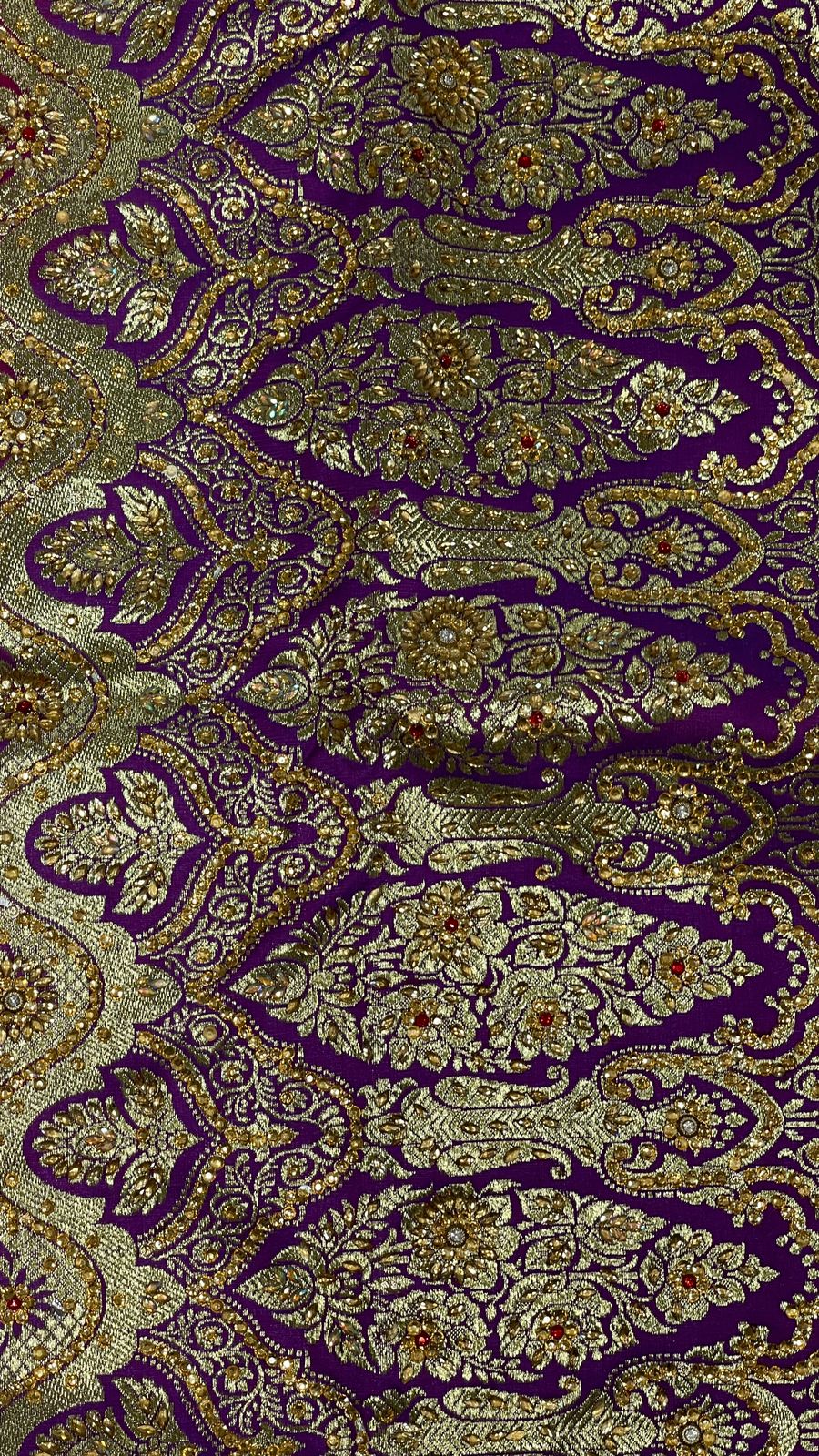 Faishana Presents Purple Stone Work Golden Zari Booti Floral Jaal with Paisely Contrast Red Boota Pallu Zari Border and Red Blouse Banarasi Saree