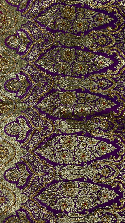 Faishana Presents Purple Stone Work Golden Zari Booti Floral Jaal with Paisely Contrast Red Boota Pallu Zari Border and Red Blouse Banarasi Saree