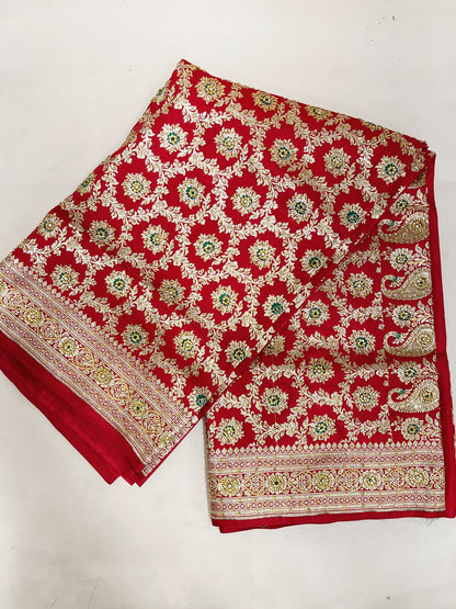 Faishana Presents Red Stone Work Golden Zari Mina Floral Booti Jaal with Paisley Mina Pallu Zari Border and Red Blouse Banarasi Saree