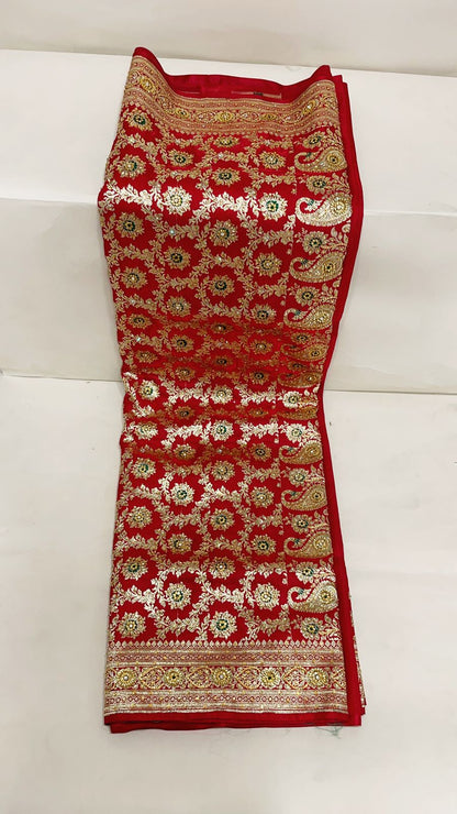 Faishana Presents Red Stone Work Golden Zari Mina Floral Booti Jaal with Paisley Mina Pallu Zari Border and Red Blouse Banarasi Saree