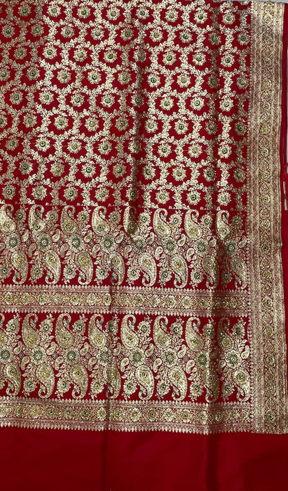 Faishana Presents Red Stone Work Golden Zari Mina Floral Booti Jaal with Paisley Mina Pallu Zari Border and Red Blouse Banarasi Saree