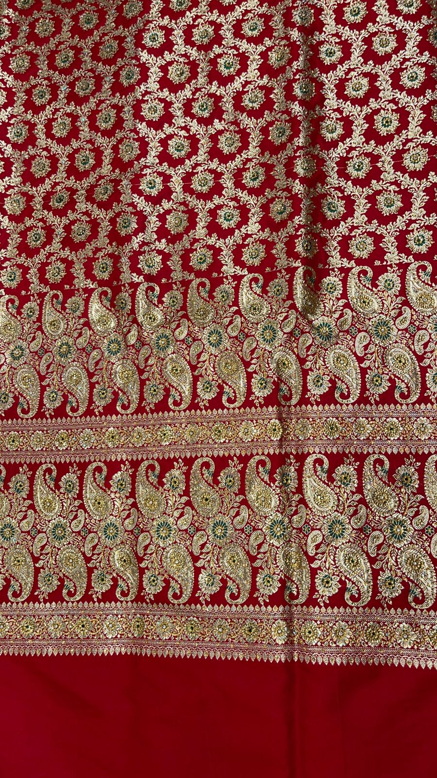 Faishana Presents Red Stone Work Golden Zari Mina Floral Booti Jaal with Paisley Mina Pallu Zari Border and Red Blouse Banarasi Saree