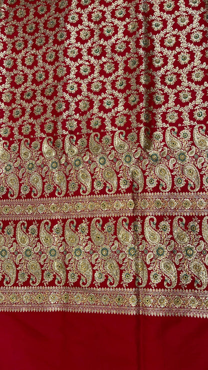 Faishana Presents Red Stone Work Golden Zari Mina Floral Booti Jaal with Paisley Mina Pallu Zari Border and Red Blouse Banarasi Saree
