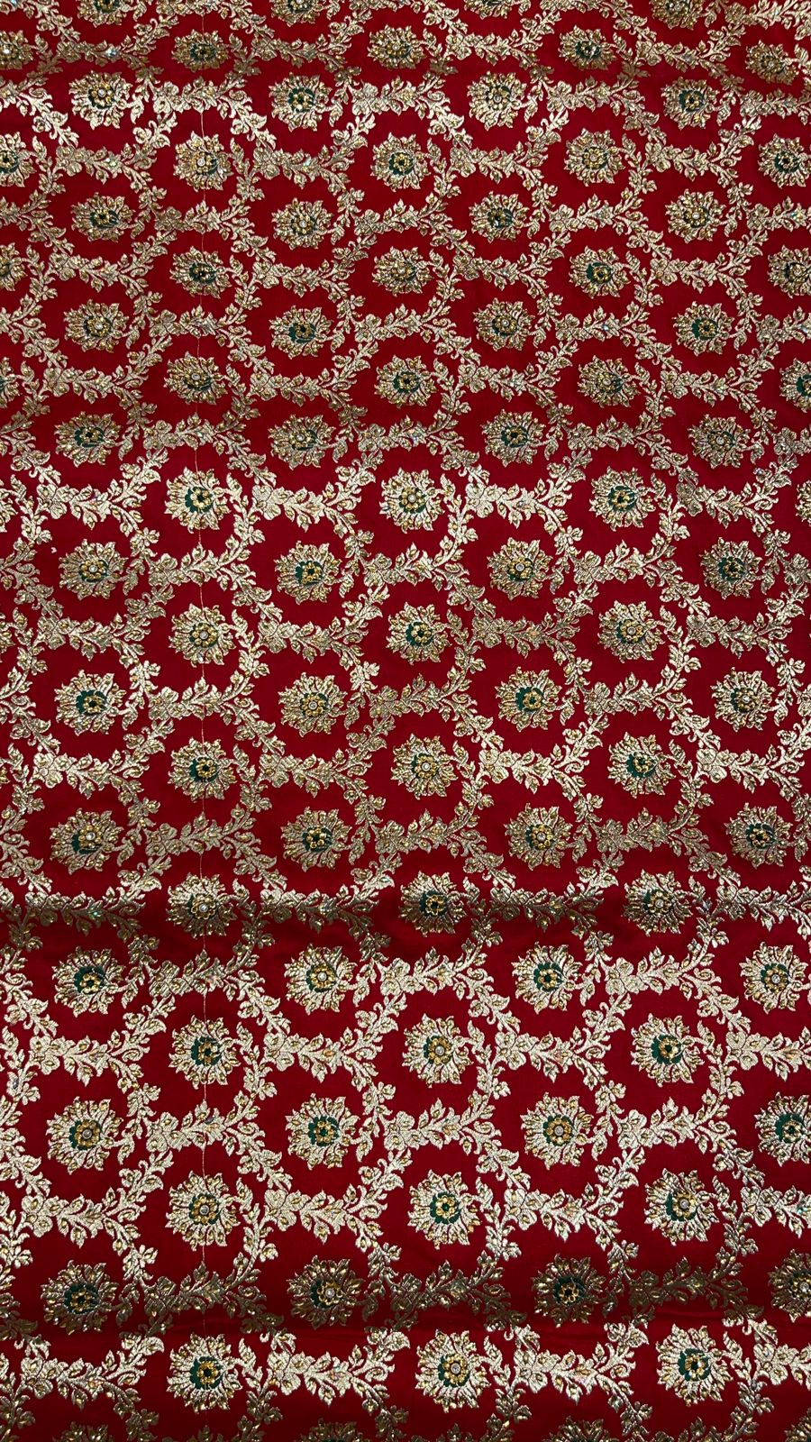 Faishana Presents Red Stone Work Golden Zari Mina Floral Booti Jaal with Paisley Mina Pallu Zari Border and Red Blouse Banarasi Saree