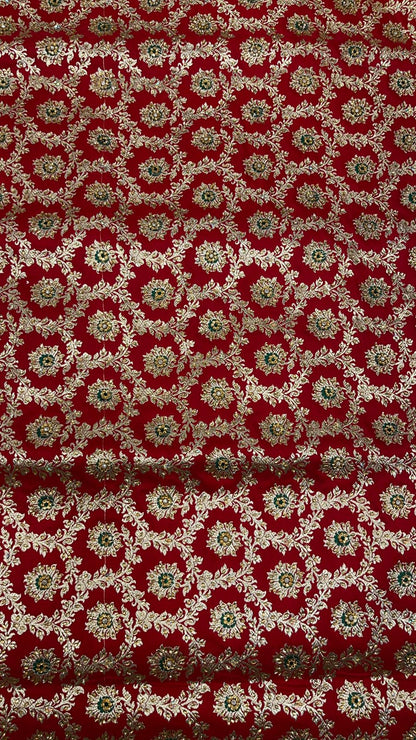 Faishana Presents Red Stone Work Golden Zari Mina Floral Booti Jaal with Paisley Mina Pallu Zari Border and Red Blouse Banarasi Saree