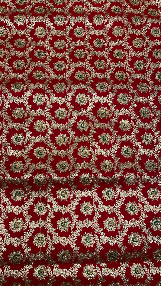 Faishana Presents Red Stone Work Golden Zari Mina Floral Booti Jaal with Paisley Mina Pallu Zari Border and Red Blouse Banarasi Saree