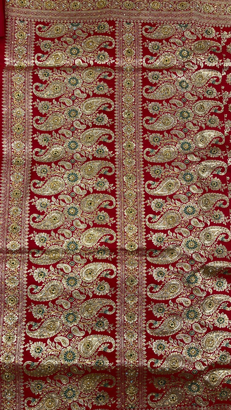 Faishana Presents Red Stone Work Golden Zari Mina Floral Booti Jaal with Paisley Mina Pallu Zari Border and Red Blouse Banarasi Saree