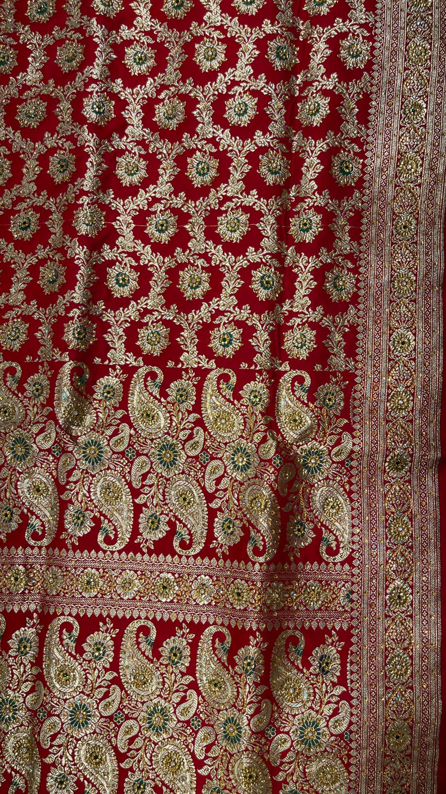 Faishana Presents Red Stone Work Golden Zari Mina Floral Booti Jaal with Paisley Mina Pallu Zari Border and Red Blouse Banarasi Saree