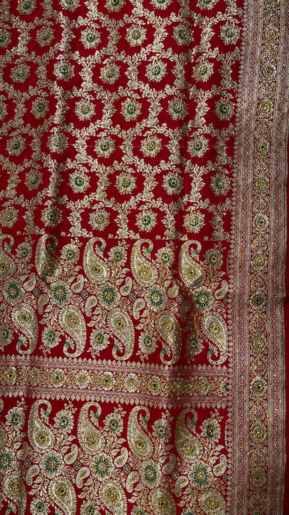 Faishana Presents Red Stone Work Golden Zari Mina Floral Booti Jaal with Paisley Mina Pallu Zari Border and Red Blouse Banarasi Saree
