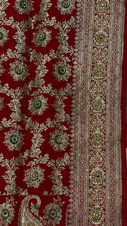 Faishana Presents Red Stone Work Golden Zari Mina Floral Booti Jaal with Paisley Mina Pallu Zari Border and Red Blouse Banarasi Saree