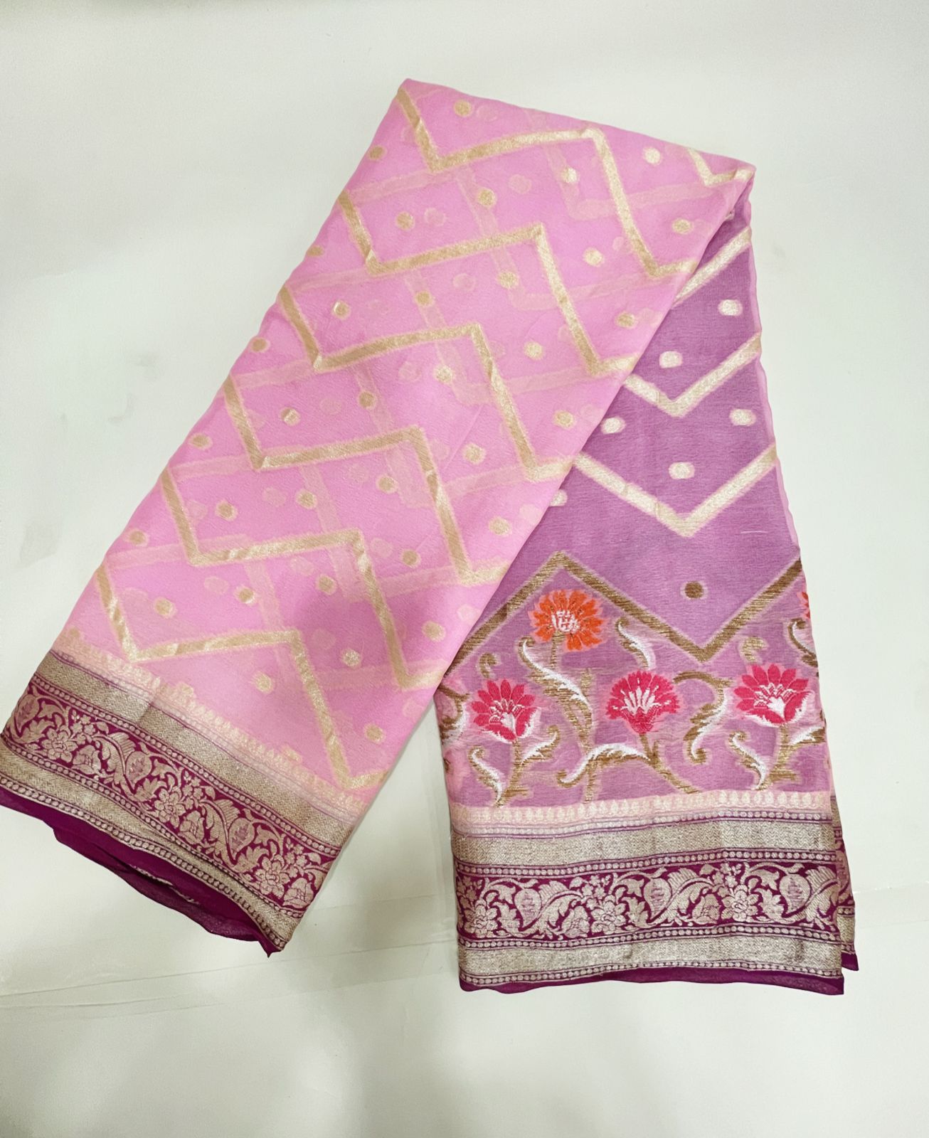 Faishana Pure Handloom Baby Pink Chiffon Stripe Zari Zig-Zag Booti Skirt Paithani Border with Contrast Magenta Floral Zari Border and Magenta Blouse