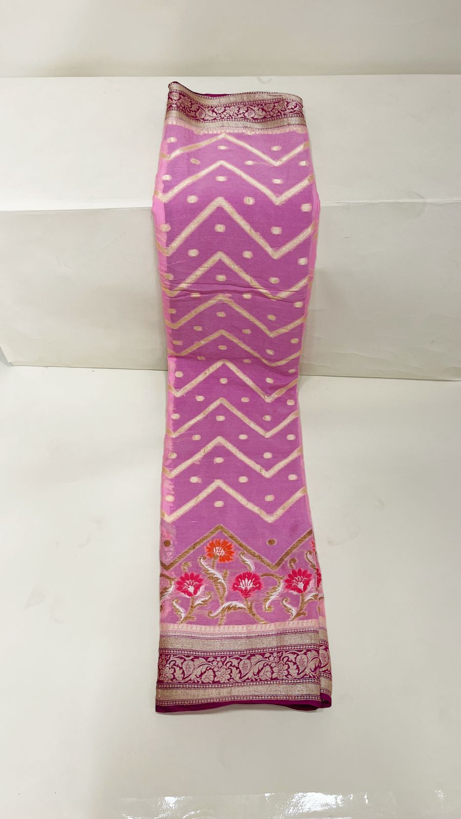 Faishana Pure Handloom Baby Pink Chiffon Stripe Zari Zig-Zag Booti Skirt Paithani Border with Contrast Magenta Floral Zari Border and Magenta Blouse