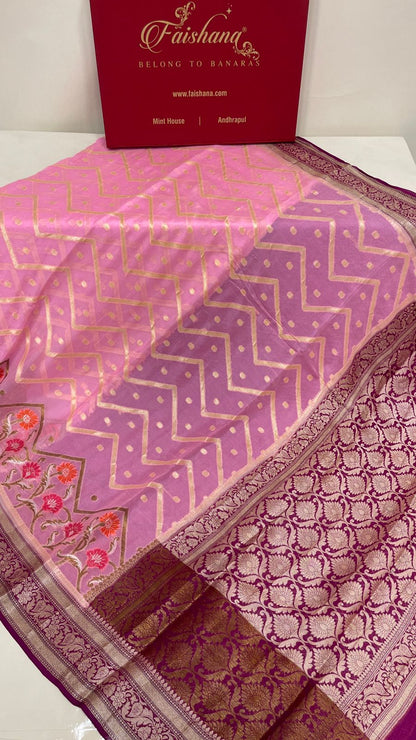 Faishana Pure Handloom Baby Pink Chiffon Stripe Zari Zig-Zag Booti Skirt Paithani Border with Contrast Magenta Floral Zari Border and Magenta Blouse