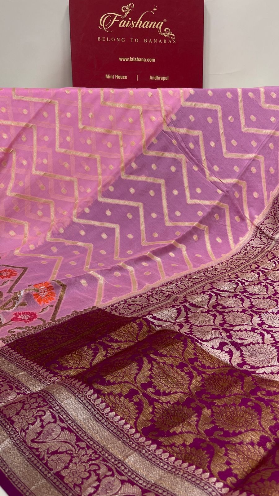 Faishana Pure Handloom Baby Pink Chiffon Stripe Zari Zig-Zag Booti Skirt Paithani Border with Contrast Magenta Floral Zari Border and Magenta Blouse
