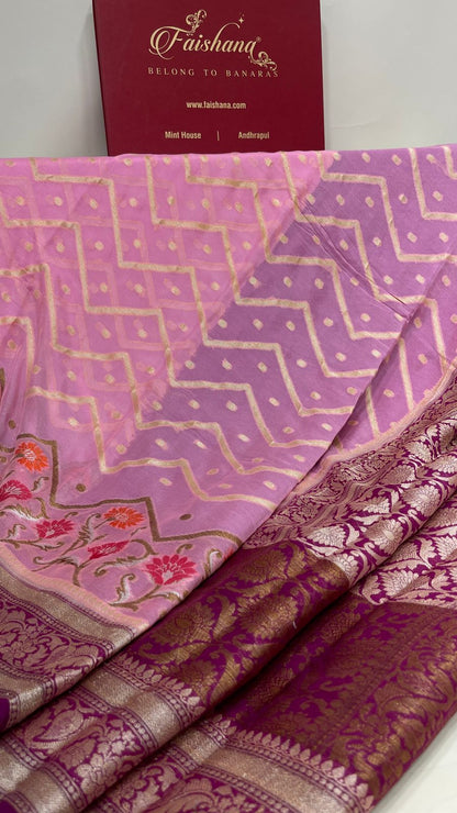 Faishana Pure Handloom Baby Pink Chiffon Stripe Zari Zig-Zag Booti Skirt Paithani Border with Contrast Magenta Floral Zari Border and Magenta Blouse