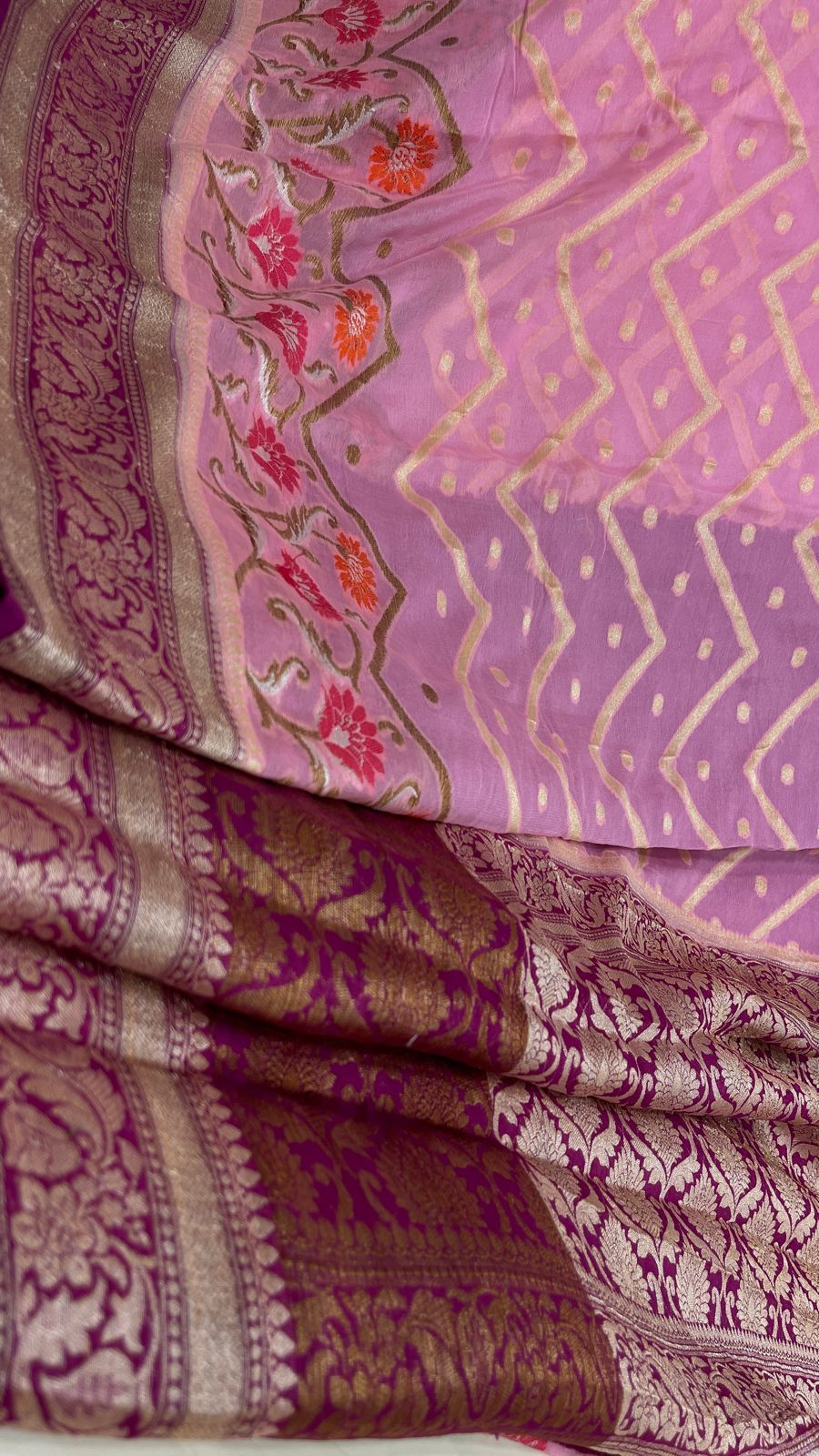 Faishana Pure Handloom Baby Pink Chiffon Stripe Zari Zig-Zag Booti Skirt Paithani Border with Contrast Magenta Floral Zari Border and Magenta Blouse